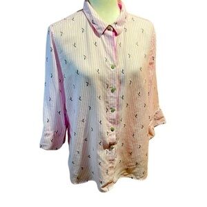 Chico's Linen Pink White Stripe Hummingbird 3/4 Sleeve Button Down Size 2/Large
